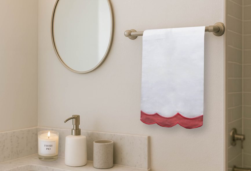 Coral Red Decorative Border Linen Guest Towel