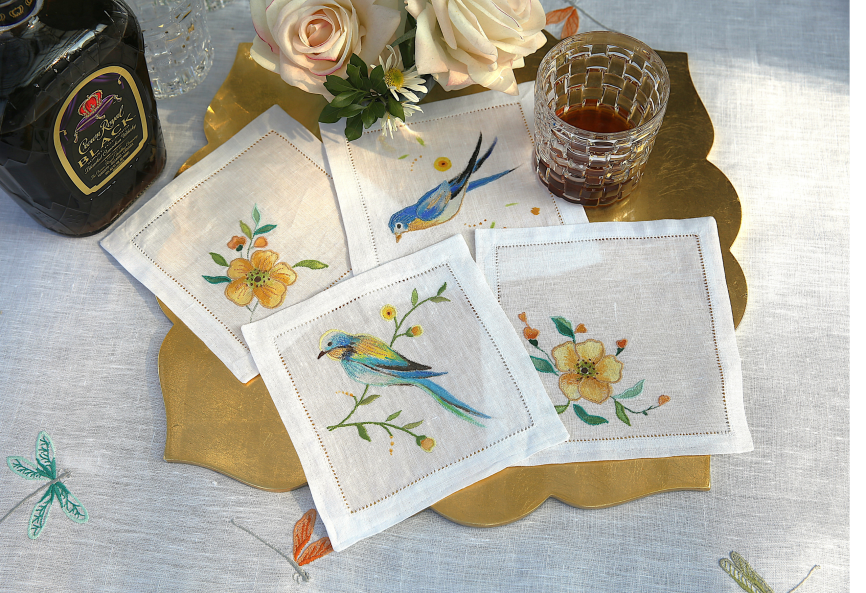 Songbird in Bloom Linen Cocktail Napkin
