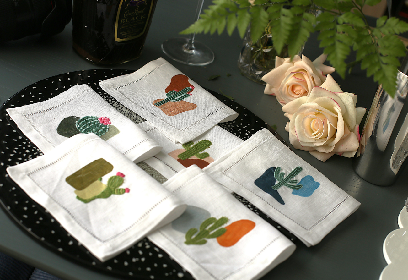 Blooming Cactus In Desert Linen Cocktail Napkin