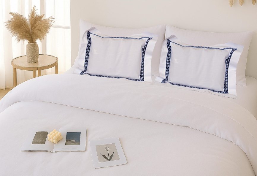 Navy Beaded Edge Linen Pillow