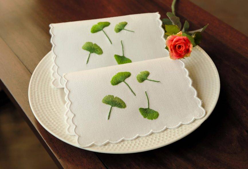 Green Ginkgo Linen Cocktail Napkin